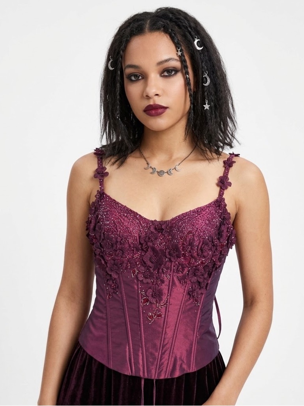 Whimsigoth Burgundy Corset Top Beaded Floral Fairy Grunge Witchy Vampirecore